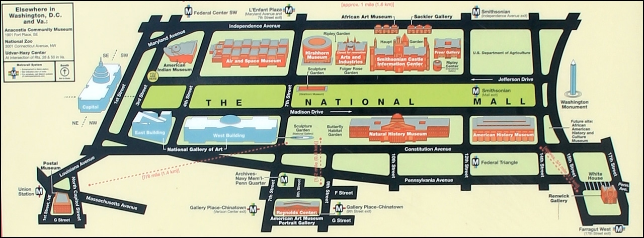Mapa National Mall - National Mall em Washington DC, onde os museus se reúnem