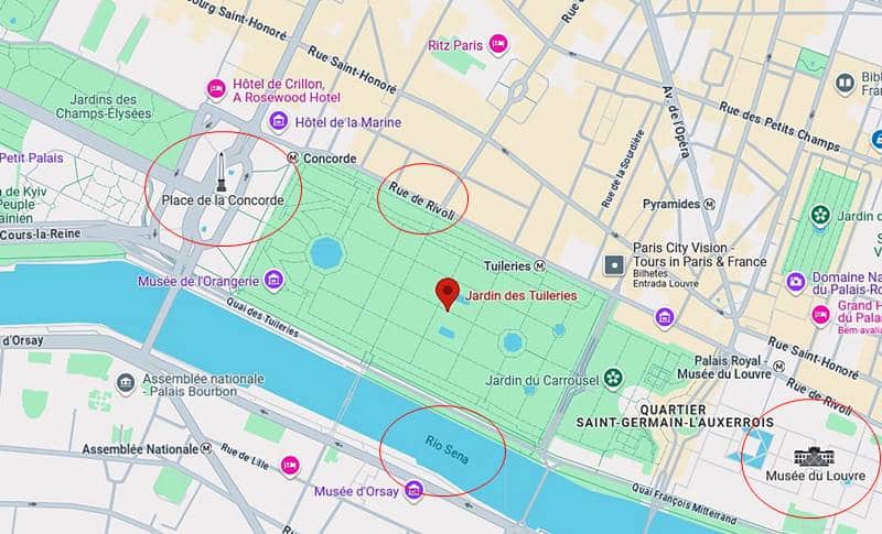 mapa do Jardim das Tulherias em Paris